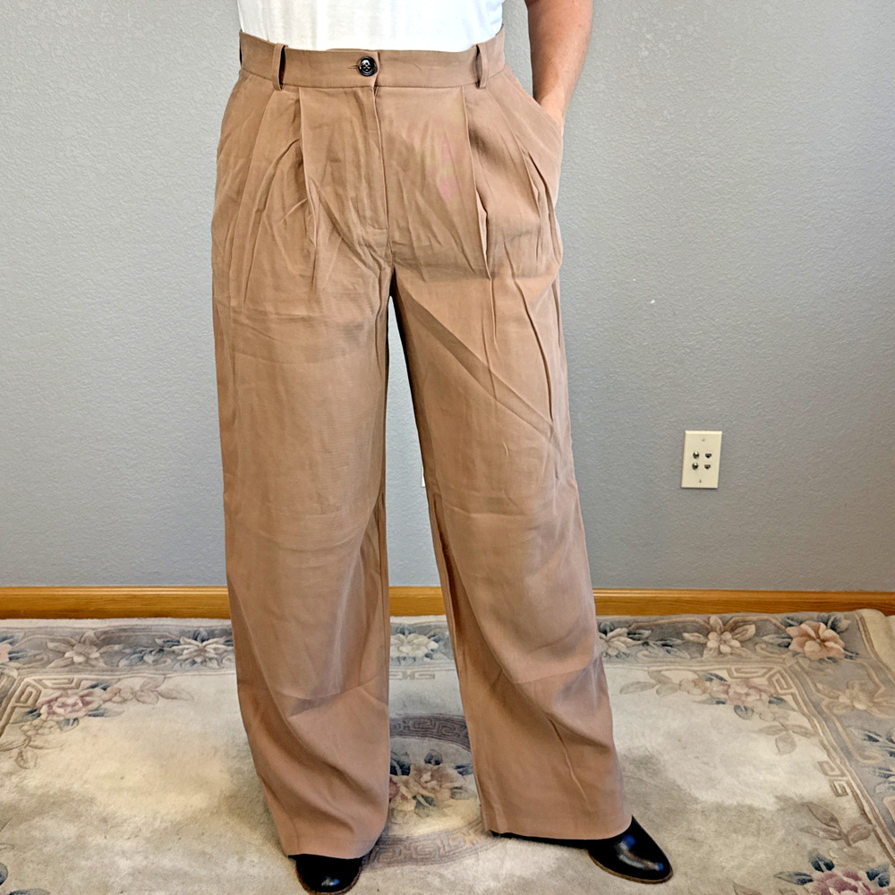 Mango Womens Wide‎ Leg Pleated Trouser Pants Size 8 Camel Brown Minimal Casual